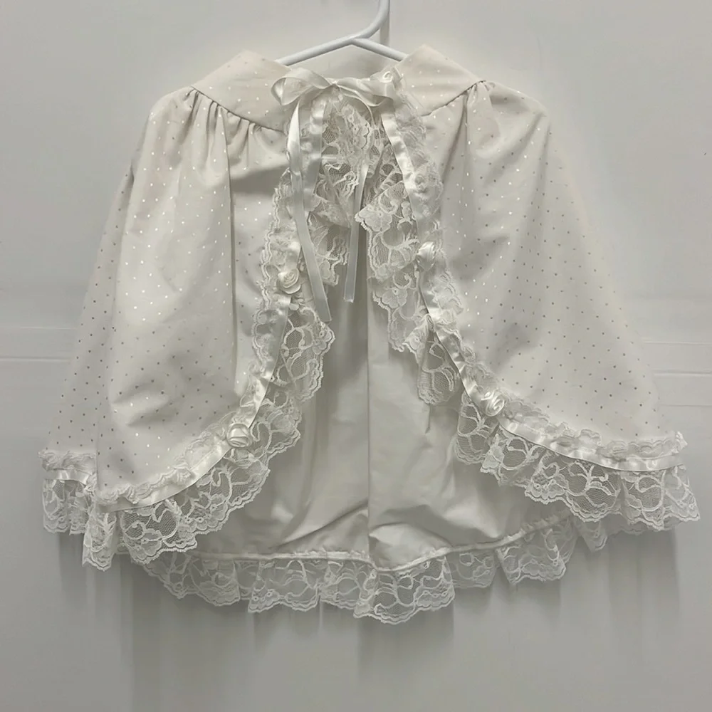 Vintage Baptism Christening Dress 3 Months 3-Piece Cape Bonnet White Lace Trim - Picture 6 of 12